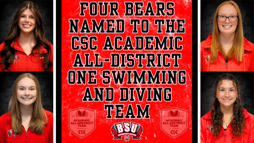 Graphic of four members of the BSU women's swimming & diving team named to the CSC Academic All-District Team